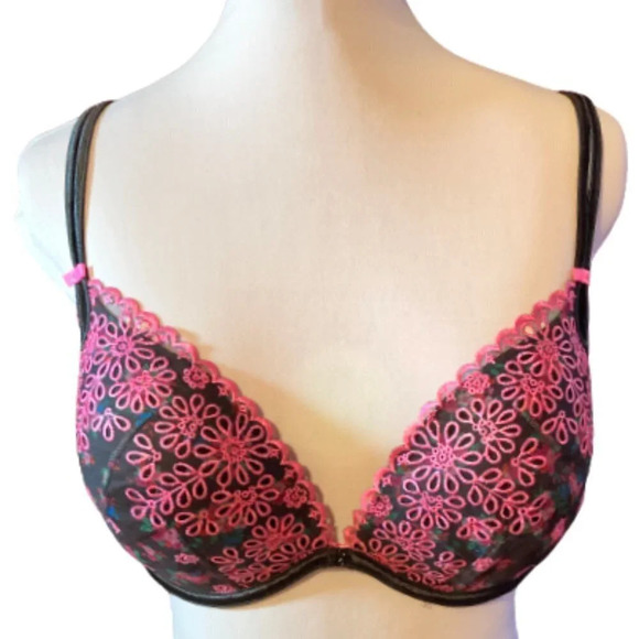 Victoria's Secret Sexy Little Things Black Floral Pink Embroidered Lace Bra, 38D - Picture 1 of 8